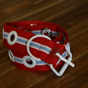 Thick white red and blue strap belt